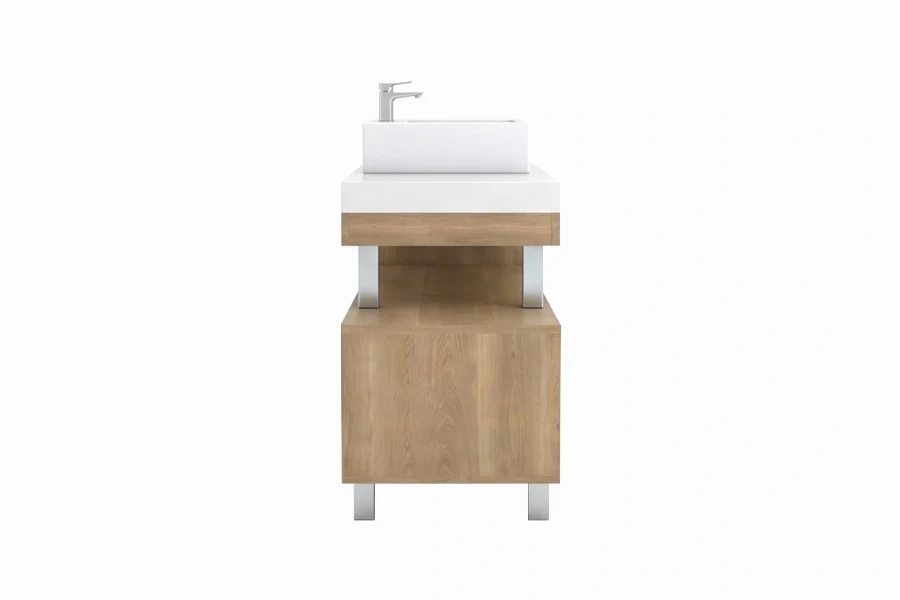Sleek wide-profile vanity counter showcasing an expansive open bottom deck for a minimalist, airy look