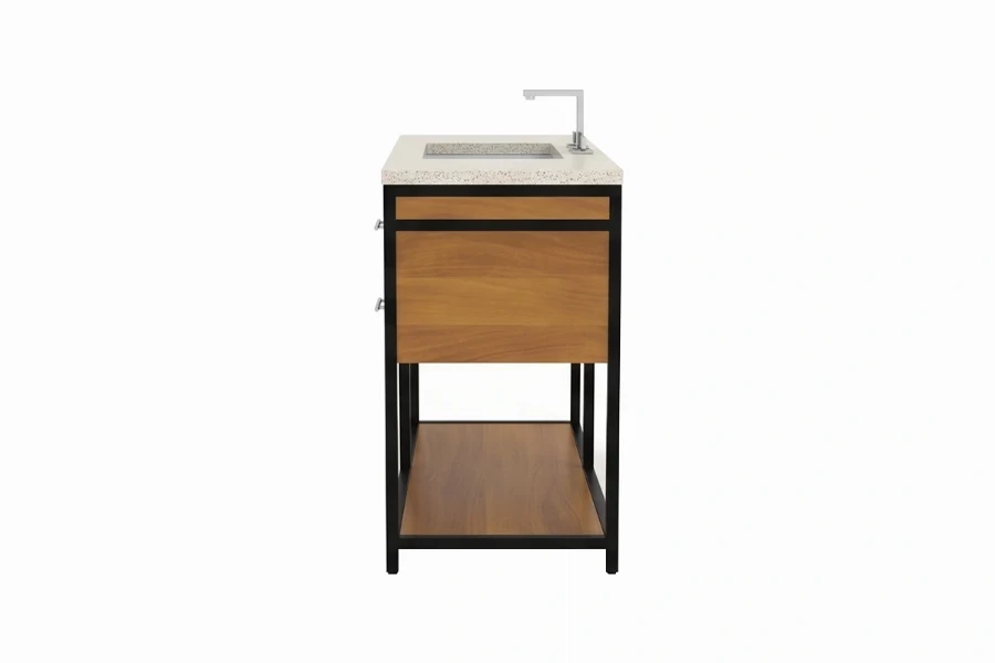 Contemporary tiered-drawer vanity unit with a sturdy, monolithic top and integrated hardware-free drawer fronts that maximize seamless storage