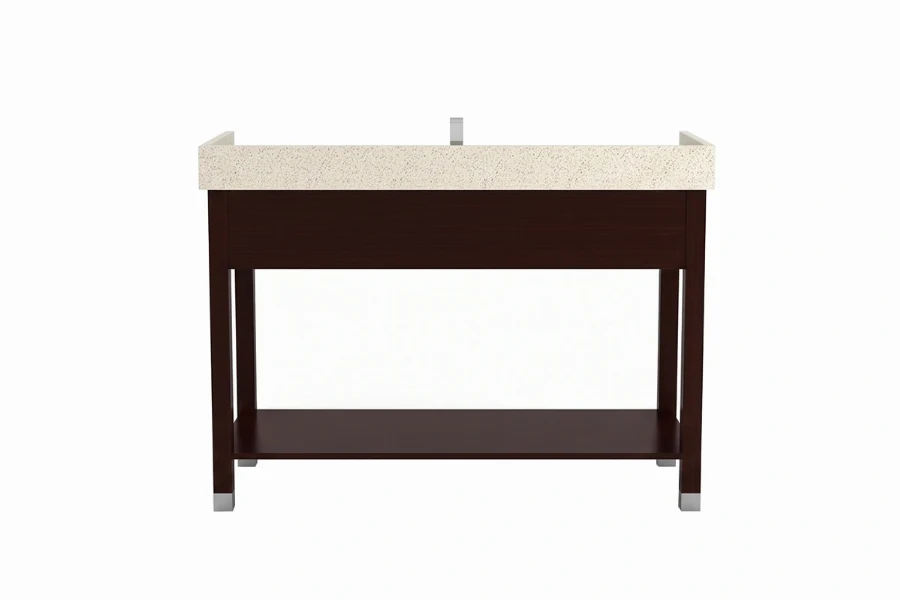 Minimalist geometric vanity station featuring a low-profile floating top and a uniform, high-quality finish over a spacious open framework