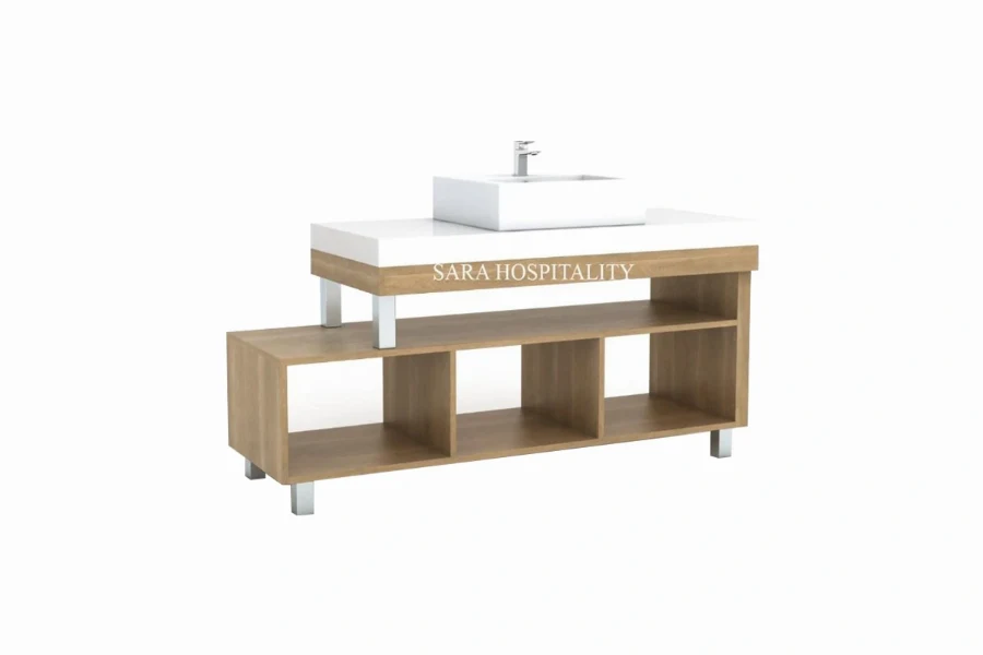 Modern extended shelf vanity featuring an integrated solid-surface basin and an elongated lower storage tier