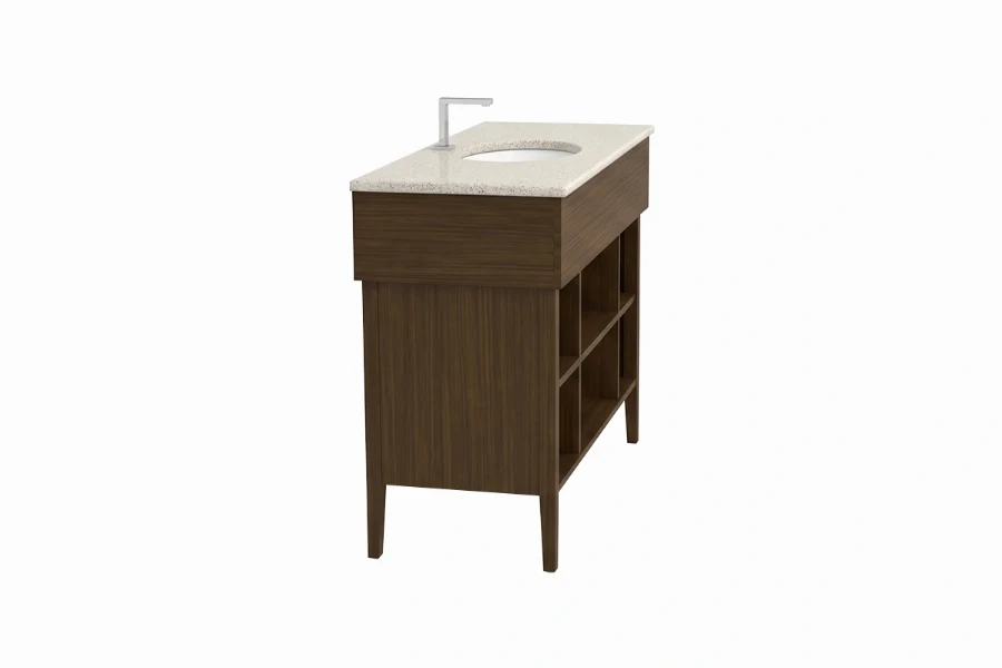 Contemporary double-deck vanity counter with a sturdy, monolithic top and two exposed under-sink storage tiers to organize fresh linens and amenities