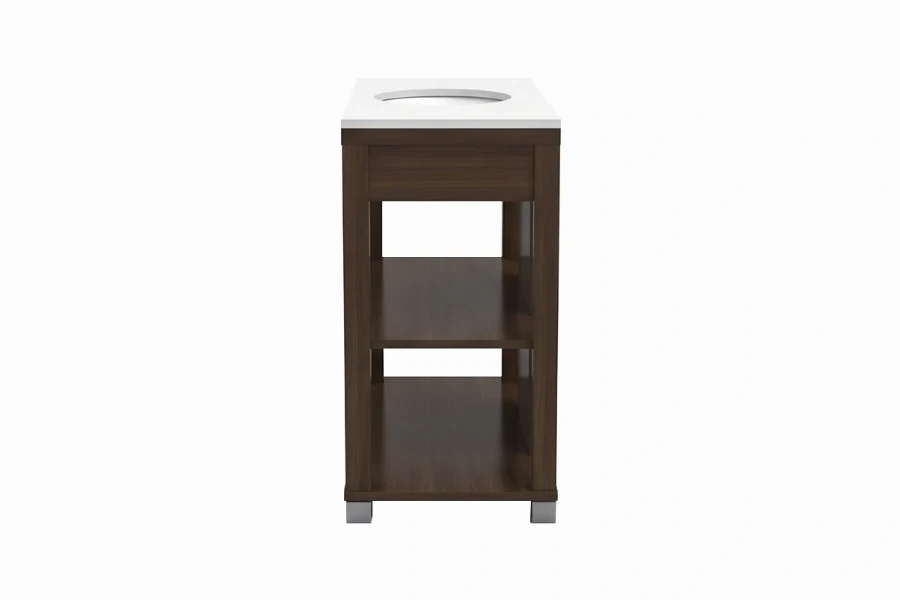 Sleek slatted-rack vanity counter showcasing an airy bottom shelf perfect for neatly stacked hotel-style towels