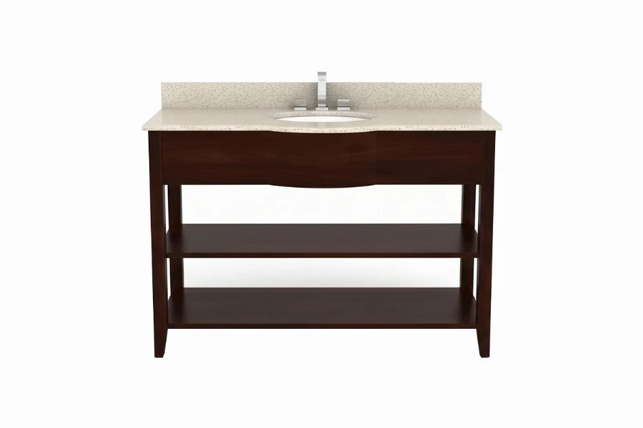 Sleek hospitality-style vanity unit showcasing an open lower shelf and a refined, minimalist silhouette for an airy, expansive bathroom aesthetic
