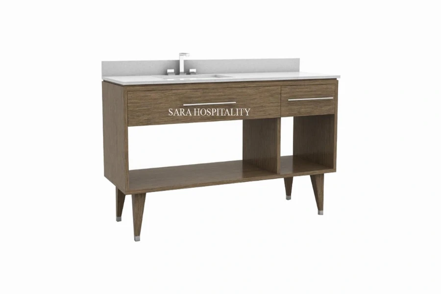 Modern textured front vanity featuring an integrated solid-surface basin and a tactile, fluted or ribbed cabinet facade
