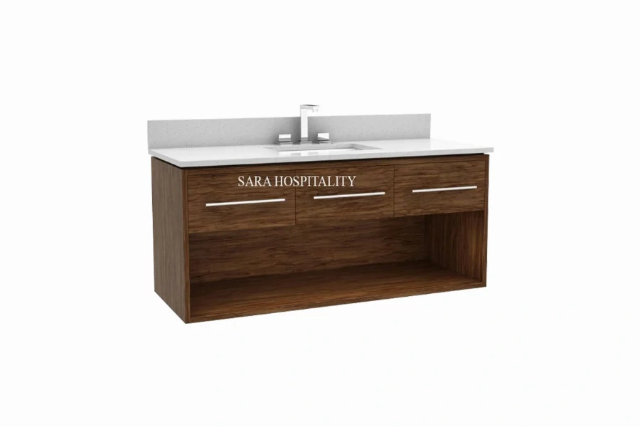 Modern horizontal drawer vanity featuring an integrated solid-surface basin and a wide, linear pull-out storage design