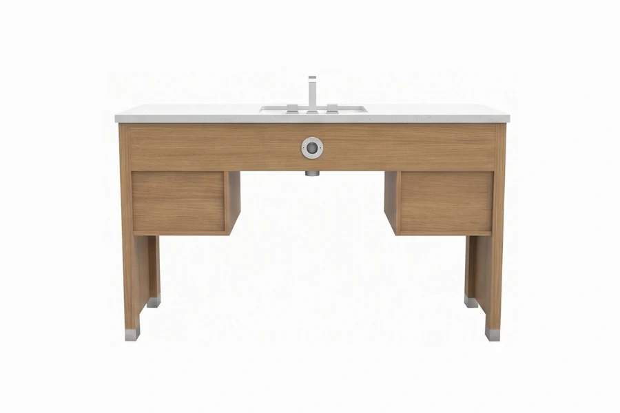 Contemporary multi-sided vanity unit with a sturdy monolithic surface designed to maximize usable deck space
