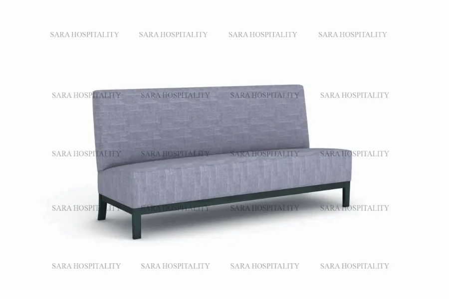 Contemporary upholstered bench sofa with a thick cushioned seat and a streamlined, minimalist backrest