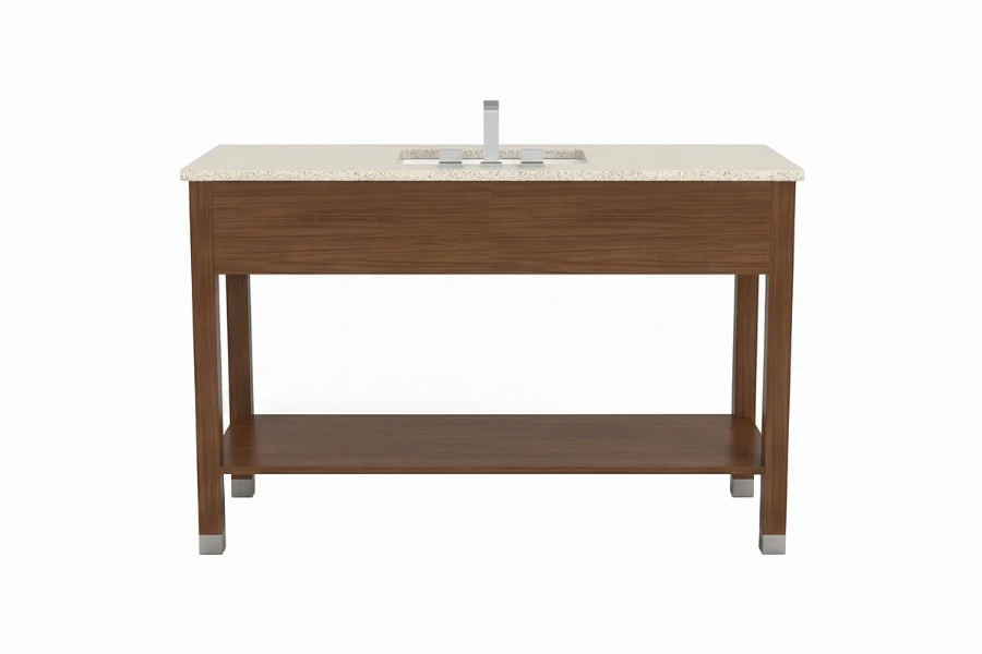 Minimalist compact vanity station featuring a flush geometric frame and an uninterrupted visual flow to optimize high-traffic powder rooms