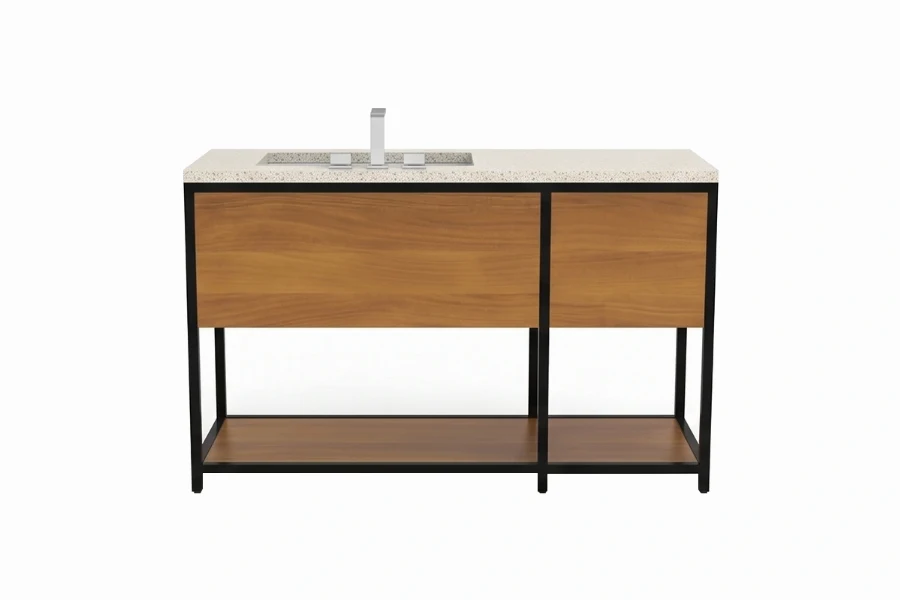 Minimalist geometric vanity station featuring a low-profile counter surface and an uninterrupted visual flow across its premium multi-compartment front