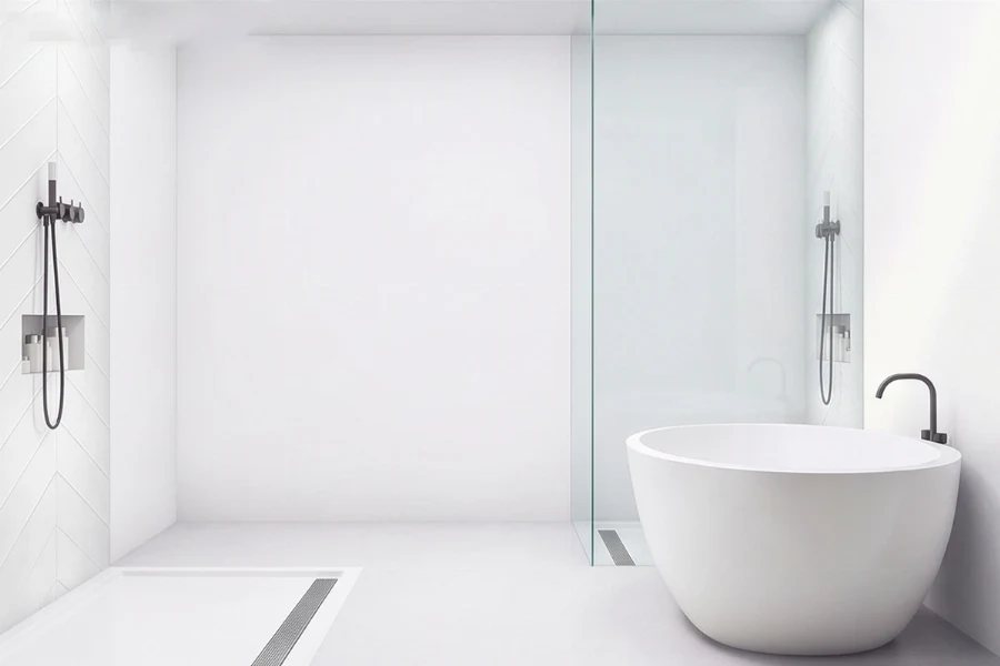 Minimalist zero-threshold surround station offering complete heavy-duty moisture protection and an uninterrupted transition to the basin floor
