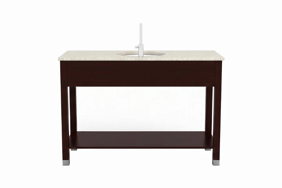 Minimalist linear vanity station featuring a low-profile frame and an uninterrupted visual flow across its polished, uniform solid surface