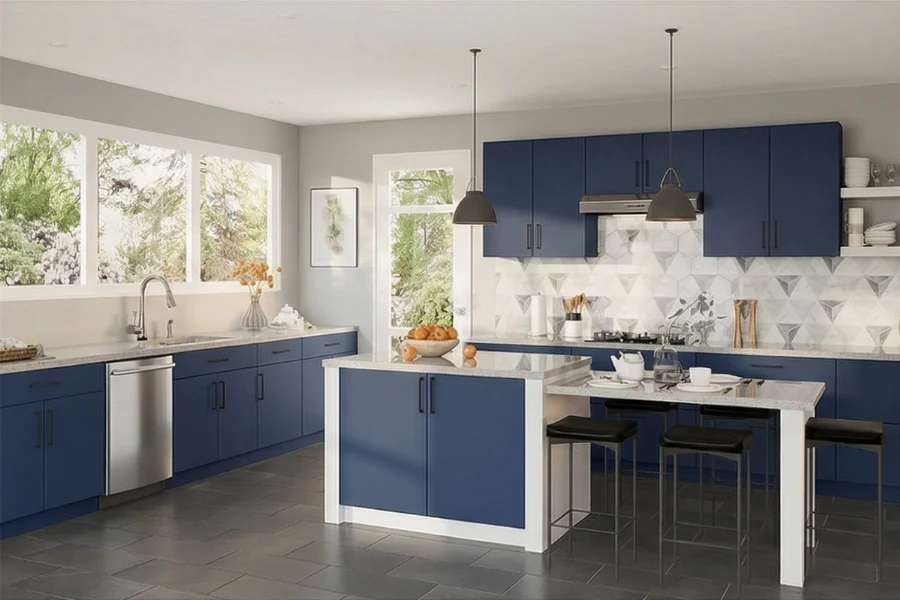 Minimalist linear kitchen storage featuring flush-front panels and an integrated aesthetic designed for a high-traffic, multi-functional living space