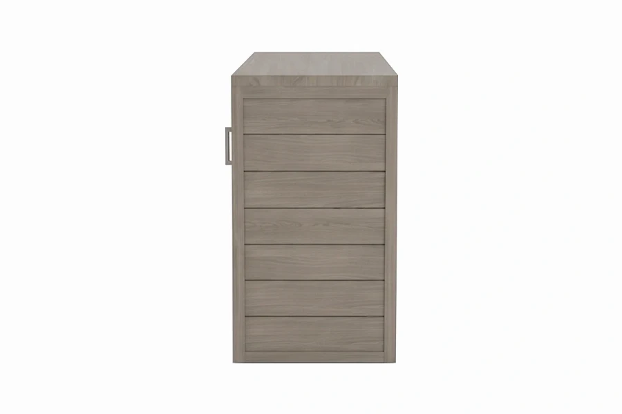 Minimalist gray tone server featuring high durability wood laminate and smooth sliding doors with open shelf area