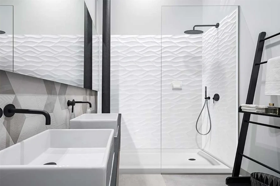 Sleek architectural glass-ready surround showcasing grout-free panels that provide a clean, high-contrast backdrop behind transparent shower walls