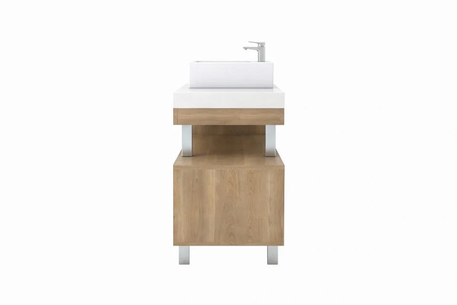 Minimalist extended-shelf vanity station offering a generous counter surface and a matching open-concept lower tier.