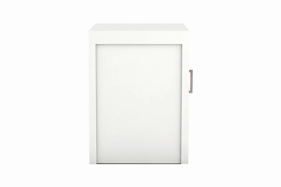Minimalist left hand bedside table with high durability laminate finish and open lower shelf space