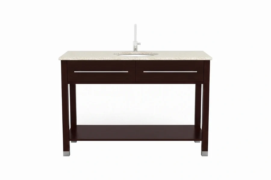 Sleek architectural vanity counter showcasing a precise geometric profile and a refined, minimalist outer frame with no unnecessary ornamentation