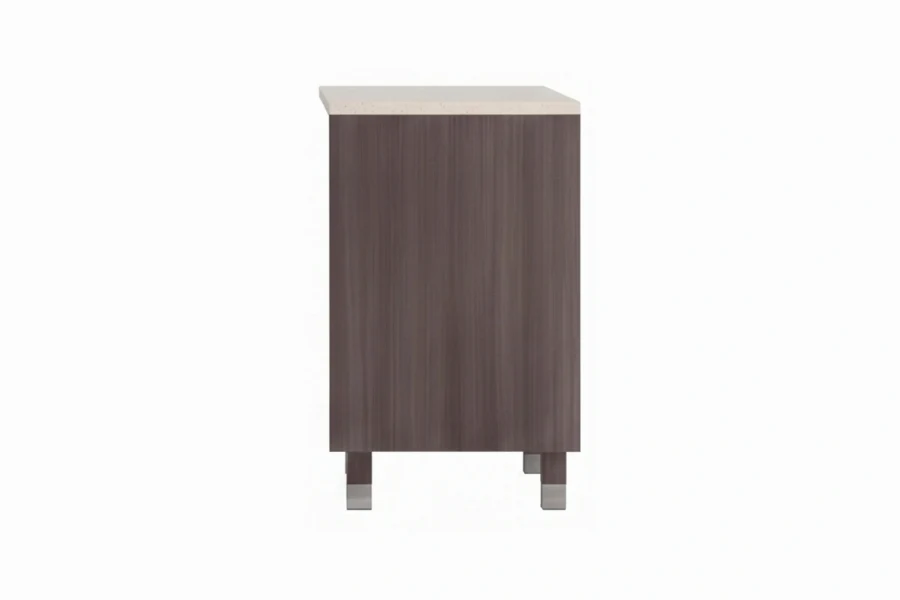 Minimalist wide-profile vanity station offering an elongated counter and generous, full-coverage storage doors