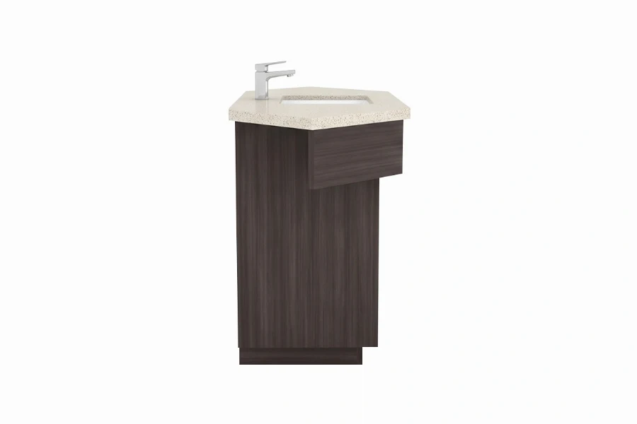 Sleek architectural corner counter showcasing a precise right-angle profile and a refined, minimalist layout that maximizes floor space in compact bathrooms