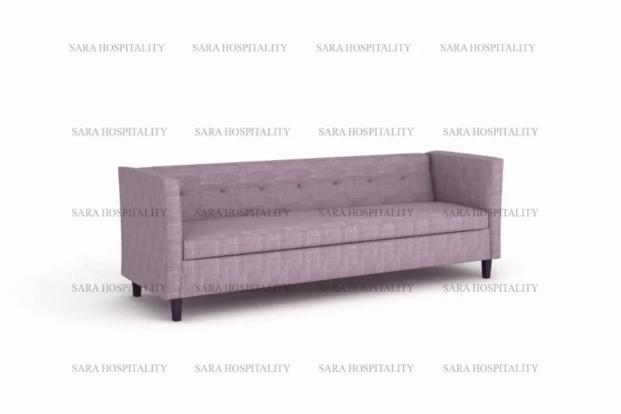 Sleek architectural sofa showcasing traditional tufting paired with a clean-lined, mid-century silhouette