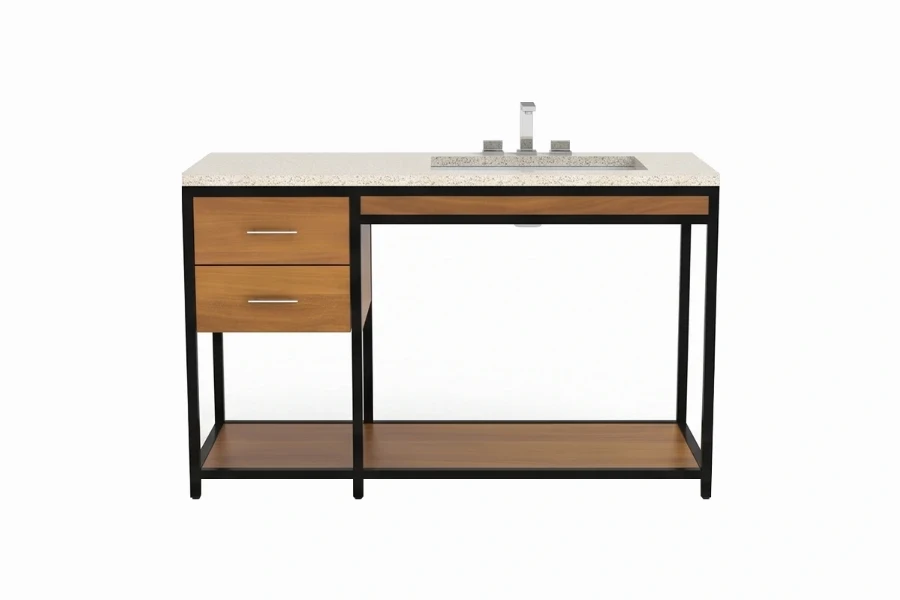 Sleek architectural vanity counter showcasing a symmetric multi-drawer layout and a refined, minimalist silhouette for an organized, upscale bathroom aesthetic