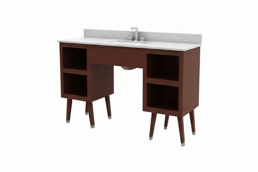 Minimalist twin-station vanity counter offering crisp right angles and a seamless, high-efficiency symmetric layout