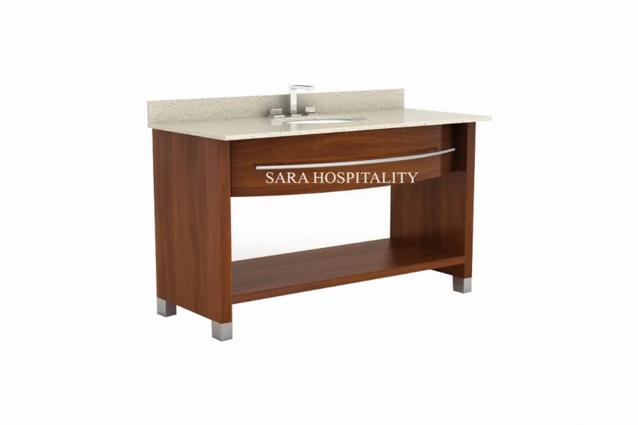 Modern panel front vanity top featuring an integrated solid-surface basin and a clean-lined architectural front panel that conceals bathroom plumbing