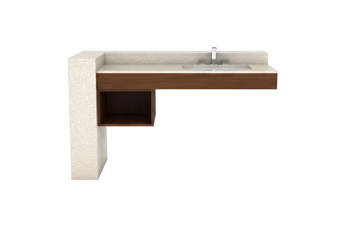Sleek architectural floating vanity showcasing a clean-lined, open-underneath silhouette and a refined, minimalist aesthetic to maximize floor visibility