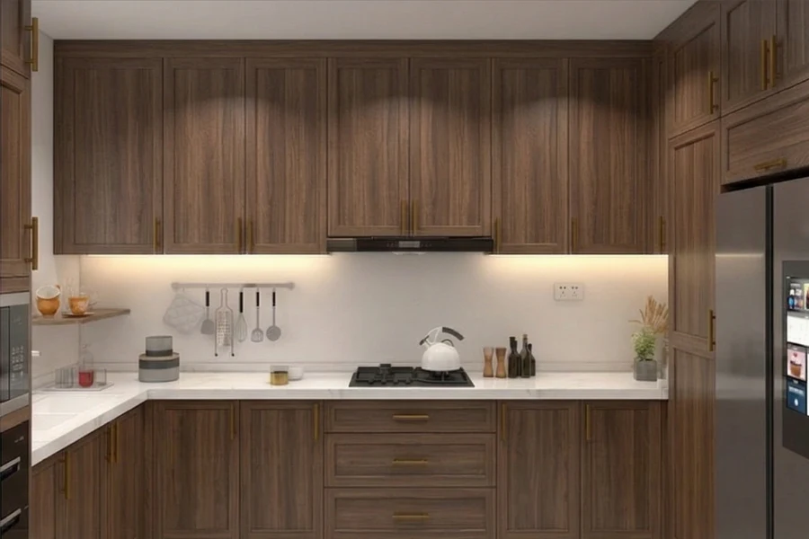 Contemporary overhead kitchen unit with integrated push-to-open doors and a low-profile, monolithic frame