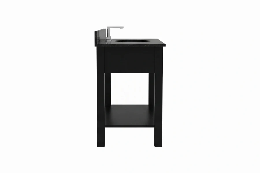 Contemporary thin-profile vanity unit with a sturdy solid-surface top and a flush, streamlined frame design for a weightless, floating look