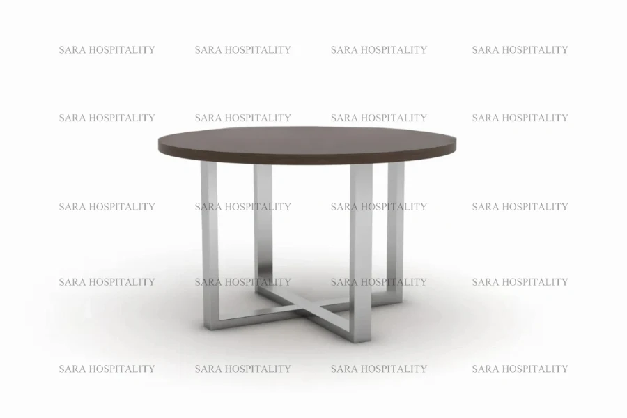 Modern round coffee table featuring a circular top and a distinctive cross-shaped pedestal base for architectural interest