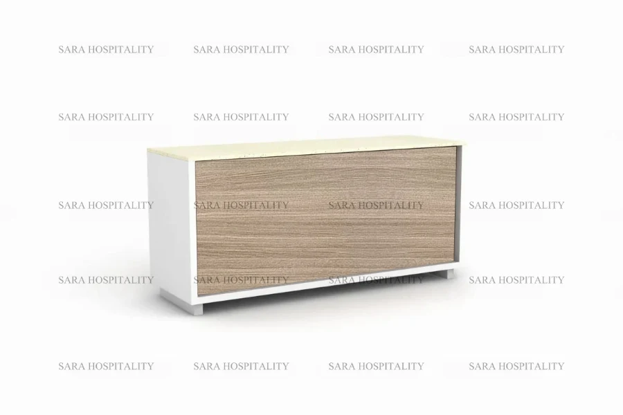 Contemporary reception counter with an integrated transaction top and a sturdy, monolithic frame