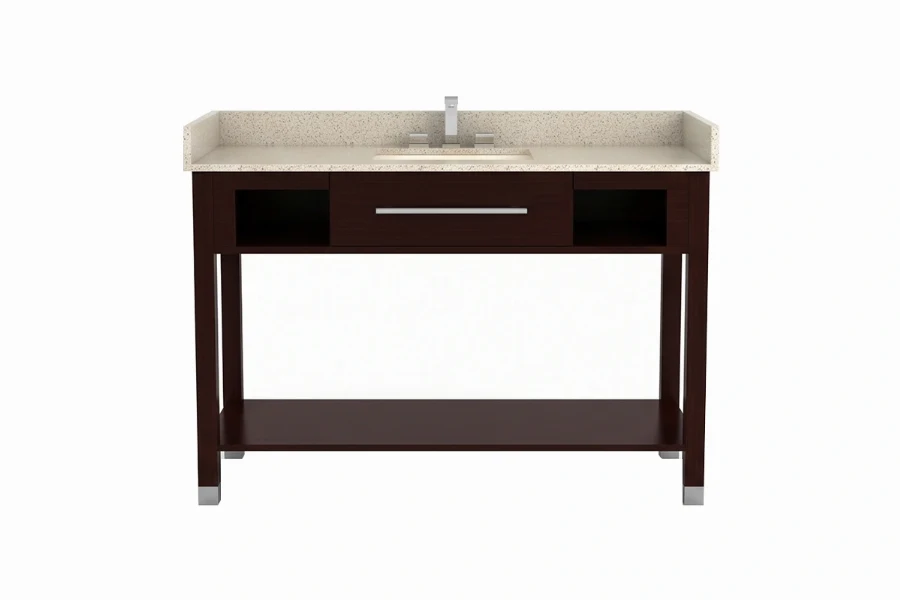 Sleek bathroom vanity unit showcasing an open-slat lower shelf and a refined, minimalist silhouette designed for an airy, hotel-inspired aesthetic