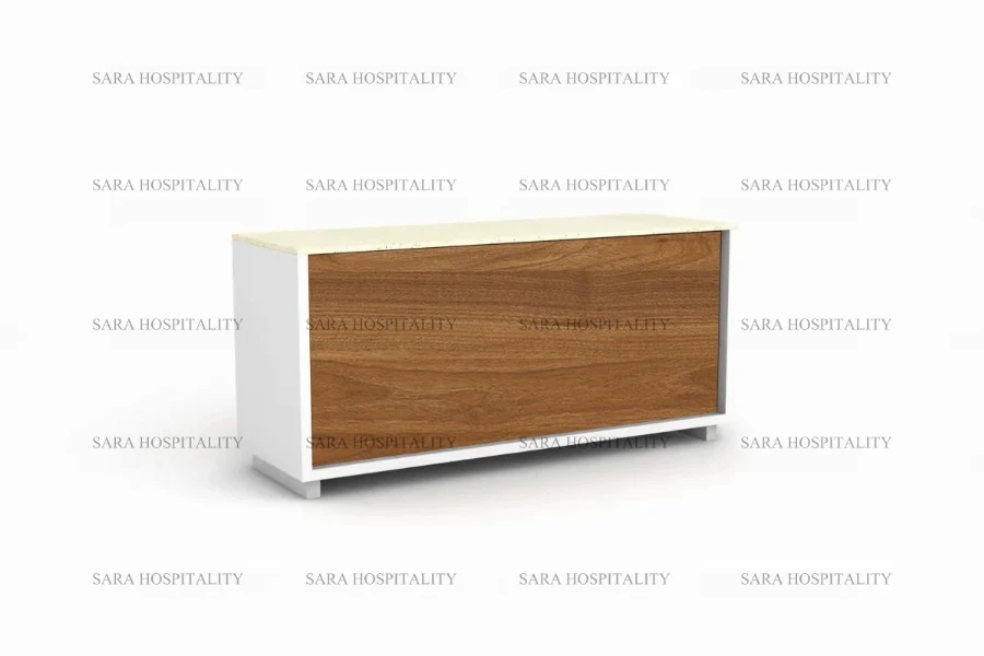 Sleek architectural welcome desk showcasing a minimalist, dual-level design and a clean-lined silhouette