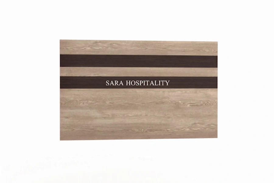 Hospitality headboard with woodgrain finish and horizontal metal inlays - 3