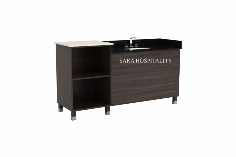 Modern drawer storage vanity featuring an integrated basin and a clean architectural facade with pull-out drawers