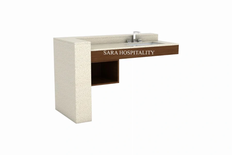 Modern floating counter vanity top featuring an integrated solid-surface basin and a wall-mounted, cantilevered layout that creates a weightless, floating effect