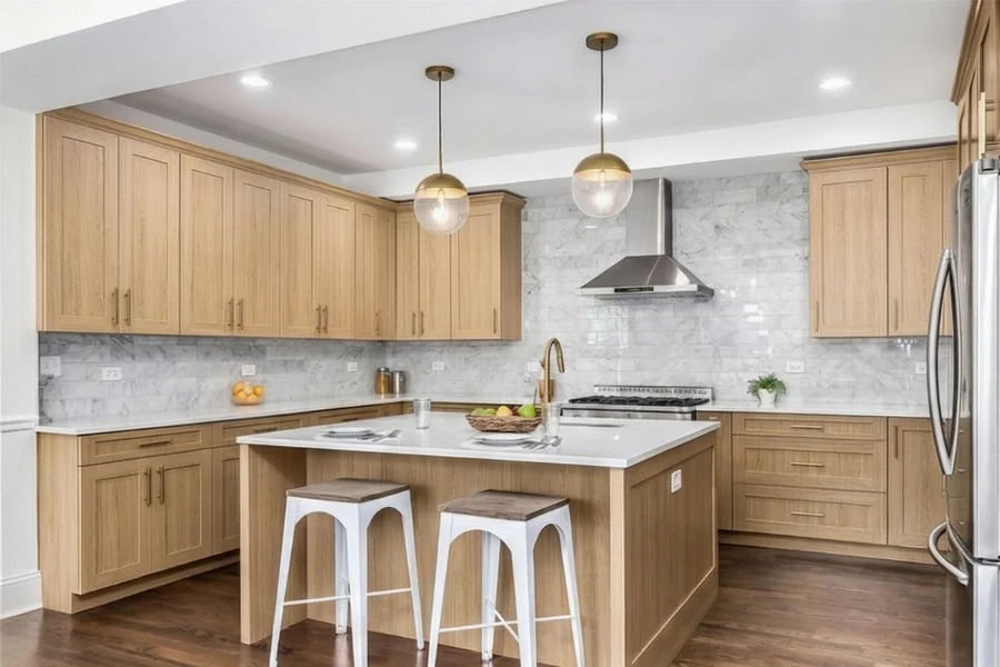 Sleek architectural island unit showcasing an expansive stone or wood surface and a clean-lined, handle-free facade