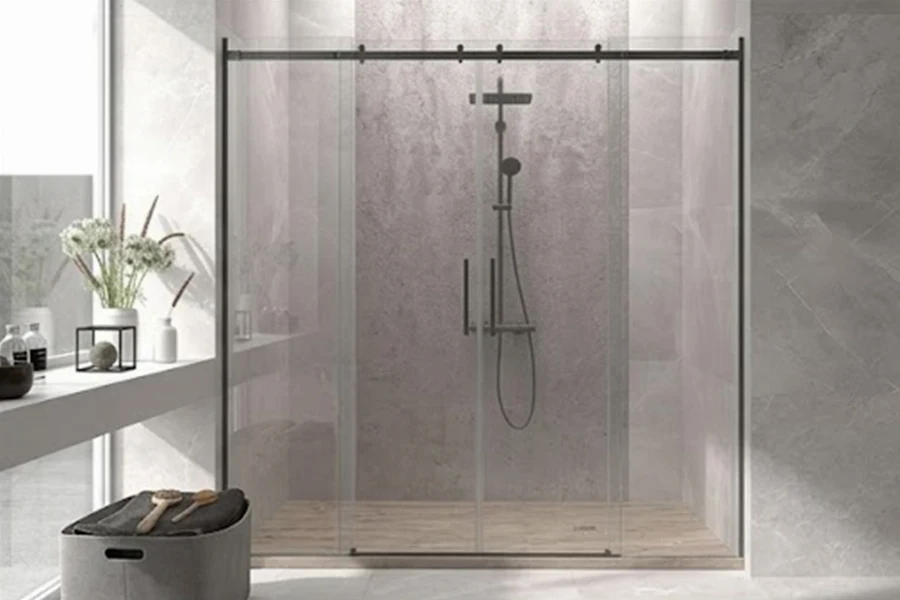 Contemporary open-concept surround unit with sturdy monolithic panels engineered to provide a clean, continuous backdrop for wet-room configurations