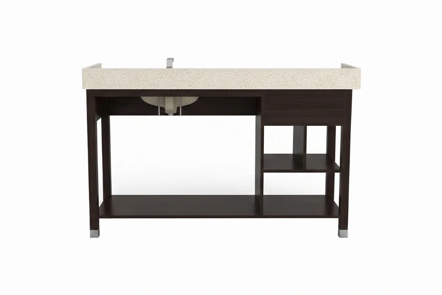 Minimalist geometric vanity station featuring a low-profile frame and an uninterrupted visual flow down to its polished, uniform open leg construction
