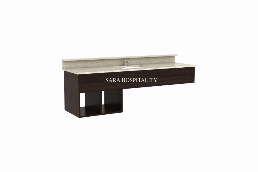 Modern wall hung vanity top featuring an integrated solid-surface basin and a cantilevered, wall-mounted layout that creates a weightless, floating effect