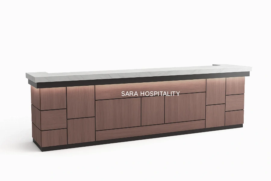 Contemporary picture-frame reception desk with a sturdy monolithic frame and multi-dimensional wall-panel detailing for a high-impact arrival experience
