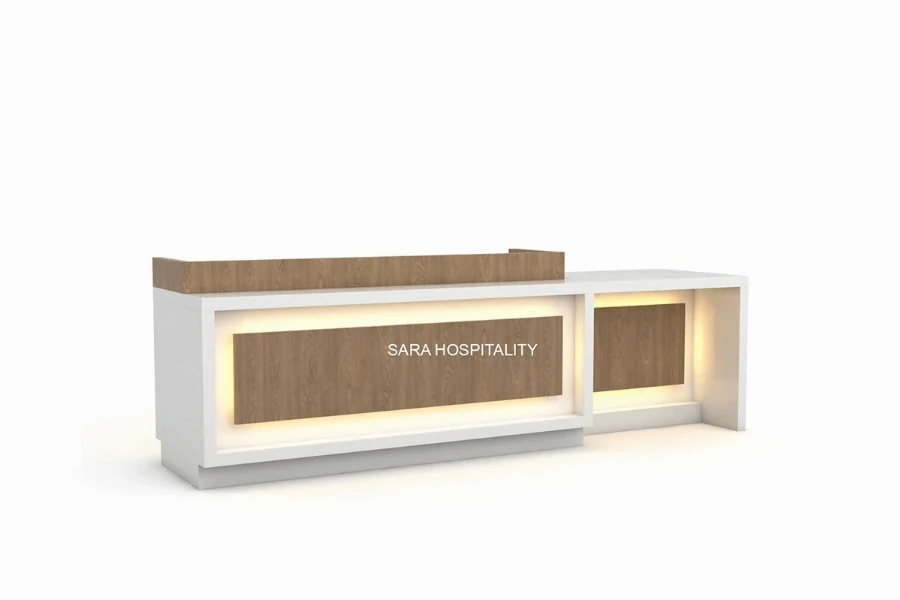 Modern open-frame reception desk featuring a sturdy powder-coated steel frame with open-geometry architectural legs and a clean commercial laminate workspace