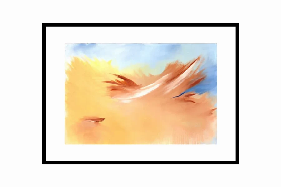 Modern abstract painting featuring a soft, blurred horizon line in soothing pastel tones of lavender, blue, and sand