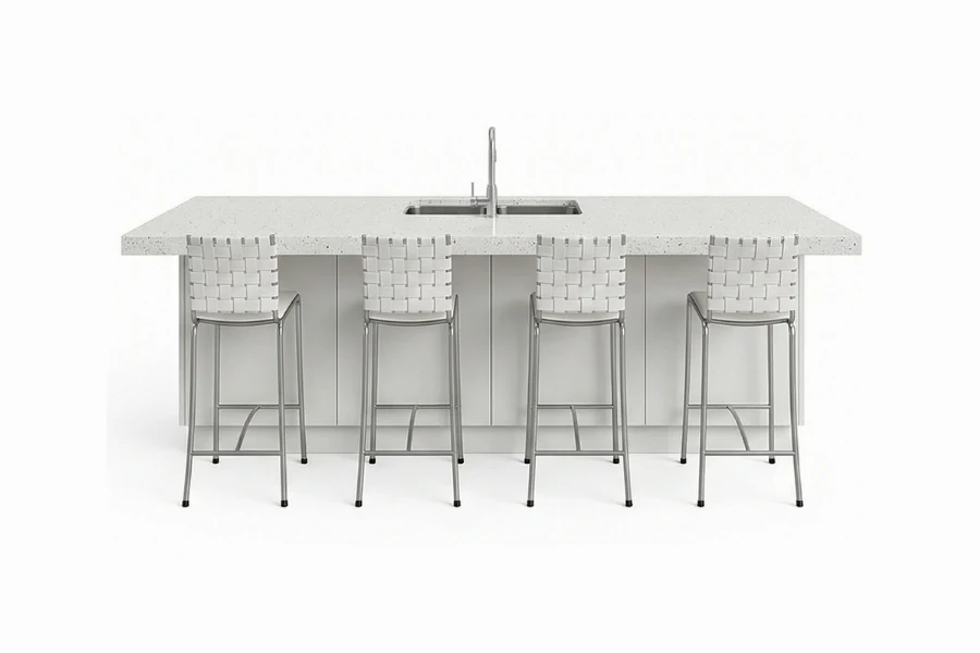 Sleek architectural island counter showcasing a split-level geometric design and a clean-lined, minimalist silhouette