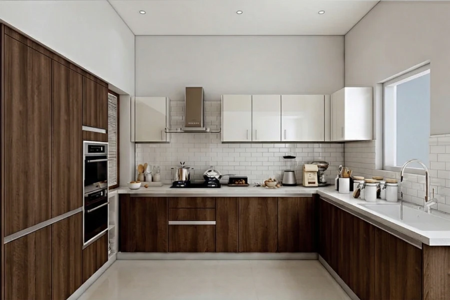 Sleek architectural galley kitchen showcasing two opposing rows of cabinets with a refined, minimalist silhouette