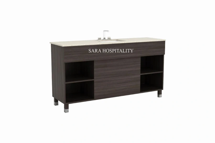Modern storage cabinet vanity top featuring an integrated solid-surface basin and a clean-lined architectural base with flush-fitting cabinet doors for hidden storage