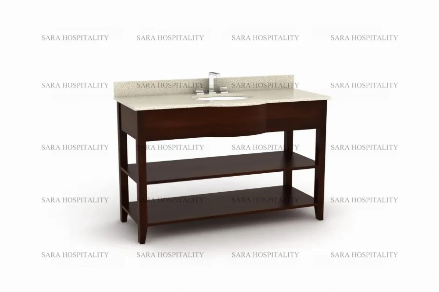 Modern slatted shelf vanity base with an open-concept design for hotel guest rooms
