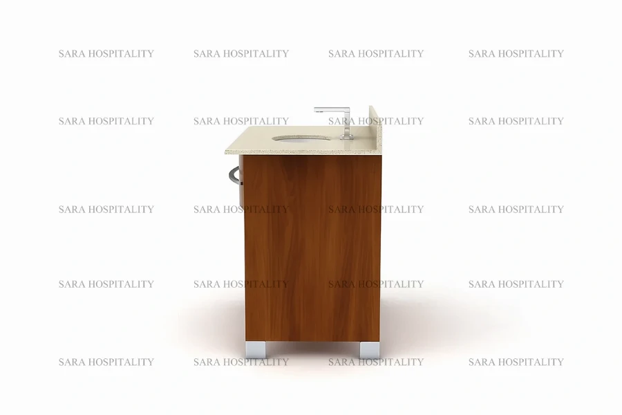 Sophisticated curved front vanity base for a spacious and ergonomic resort bathroom layout