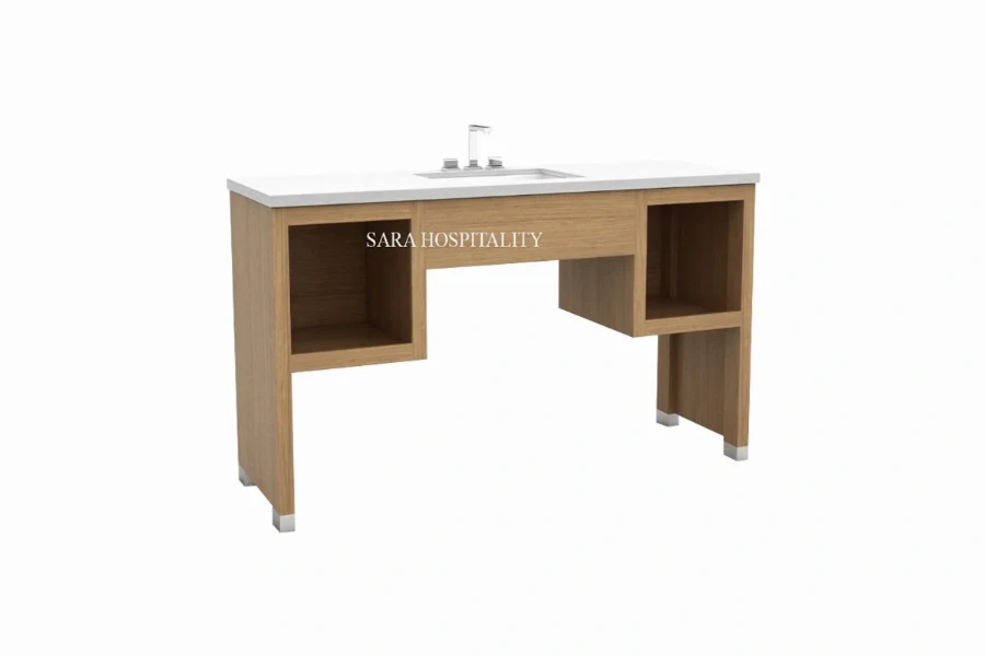 Modern wrap-around vanity top featuring an integrated solid-surface basin and an extended, L-shaped perimeter counter